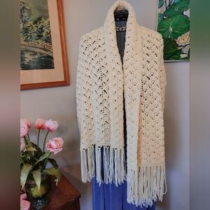 HandmafeCream Crochet Fringe Shawl 64" x 21" (208)